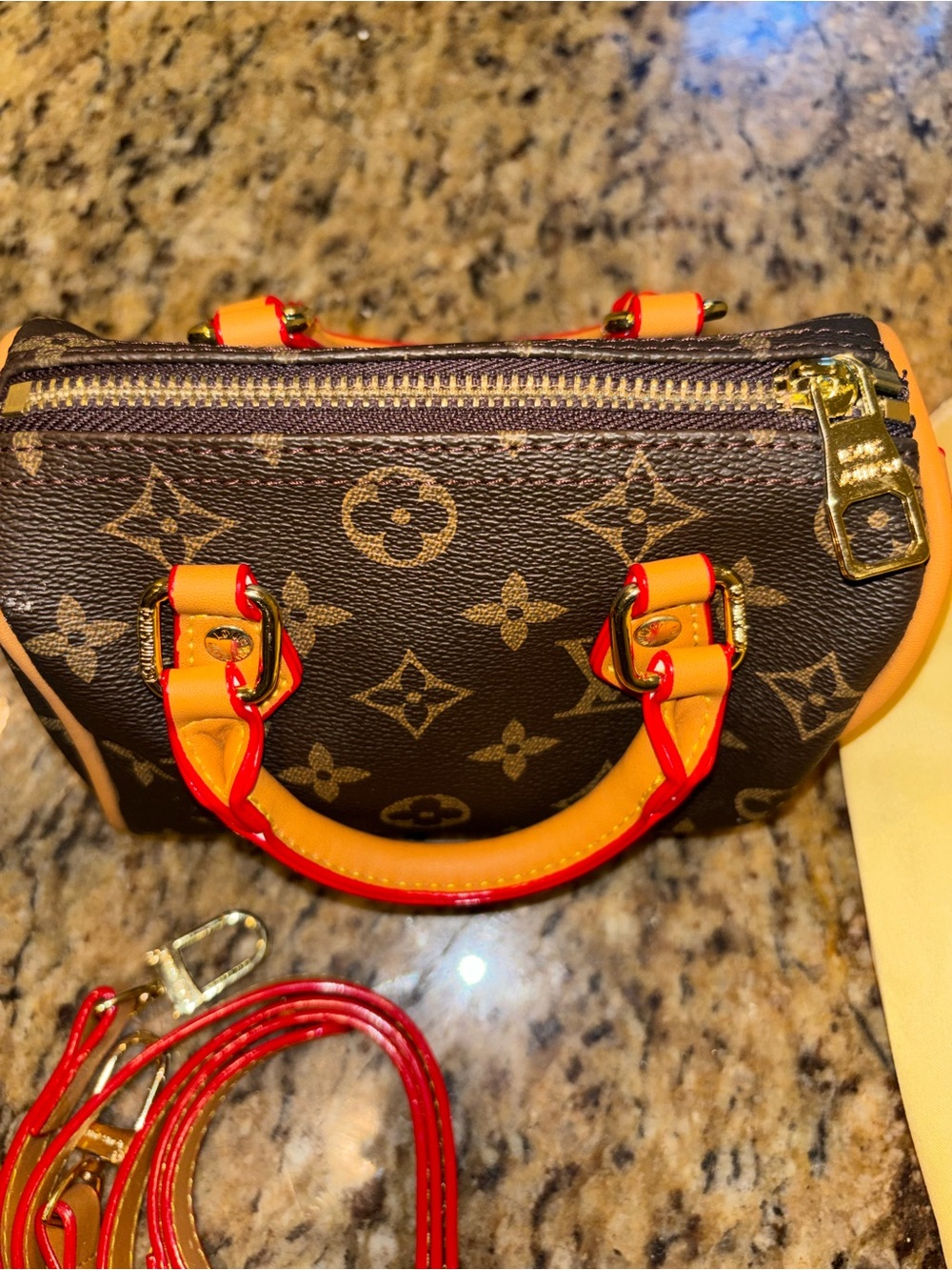Brown Monogram Satchel with Red-Orange Handles - Picture 8 of 9